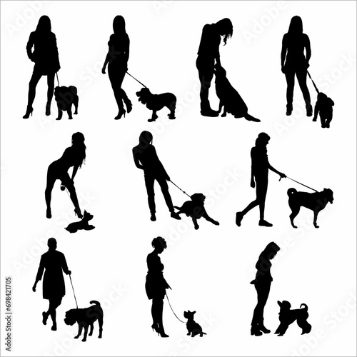 Collection of silhouettes of a woman with a dog