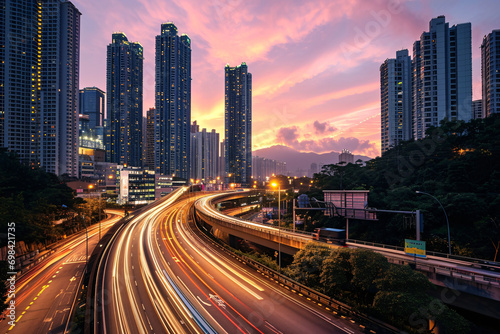 dynamic and bustling nature of rapid urban development: towering skyscrapers, busy highways with modern vehicles, and advanced technology in use