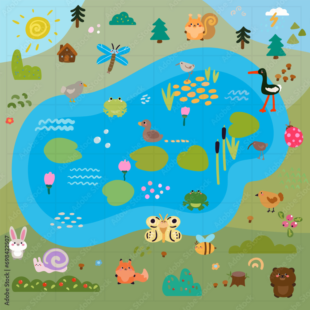 forest swamp map with animals simple cartoon flat vector illustration forest swamp map with animals simple cartoon flat vector illustration
