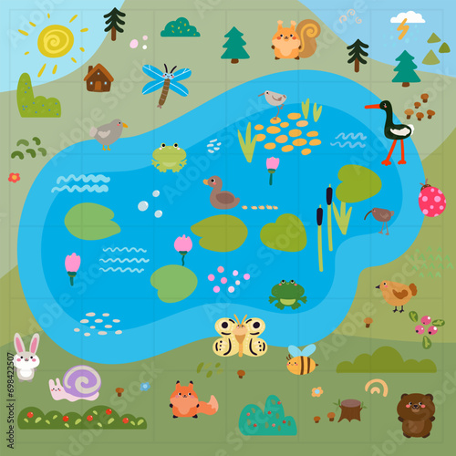  forest swamp map with animals simple cartoon flat vector illustration