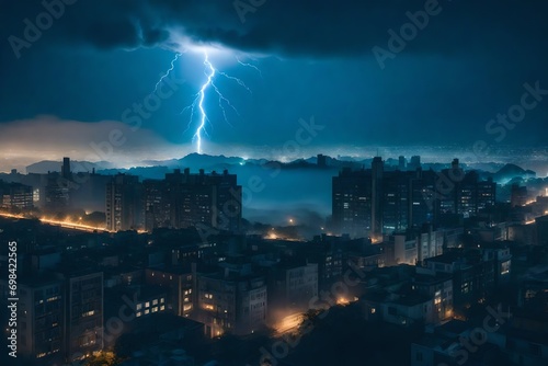 Night sky, thunderstorm, and lightning on a dramatic backdrop. Smog, fog, and smoke with the backdrop of the city