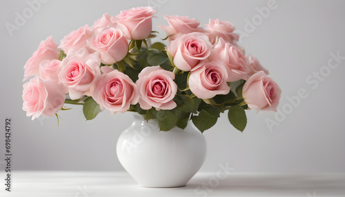 bouquet of pink roses in ceramic white vase on white background