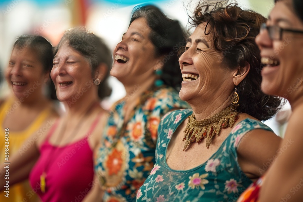 Group of vibrant women in their forties participating in an energetic dance workshop, embracing the rhythm and camaraderie of a lively salsa session, generative ai