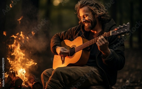 Man Playing Guitar and Singing by Park Campfire