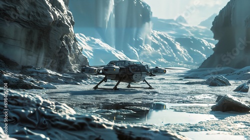 Small spaceship landing on an ice surface. Icy and frozen alien planet. human space exploration and discovery concept. Colonizing the galaxy. photo