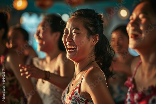 Group of Asian beauty women in their forties participating in an energetic dance workshop, embracing the rhythm and camaraderie of a lively salsa session generative ai