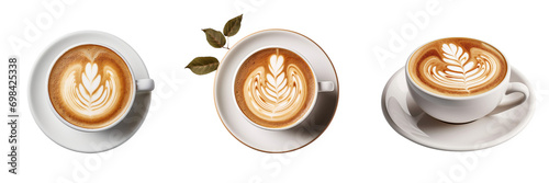 Set of Cup of coffee latte isolated white background, top view on a transparent background