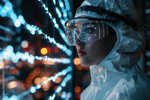 Futuristic scientist in protective suit and goggles looking futuristic screen, and night city lights. Sci-fi biotechnology researcher. Genetic engineer. AI and human future concept, cyberpunk  photo