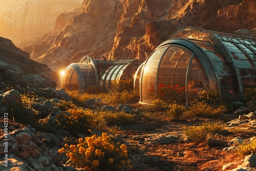 Futuristic living complex with glass domes in desert mountains landscape. Mars colonization. Modern architecture and nature concept. Space exploration concept photo