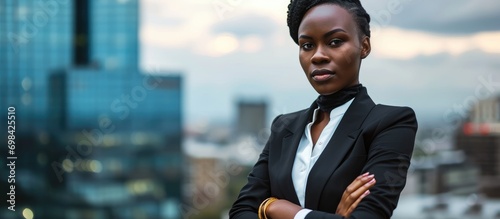 African businesswoman in formal attire standing confidently before city background, arms crossed, looking into the camera.
