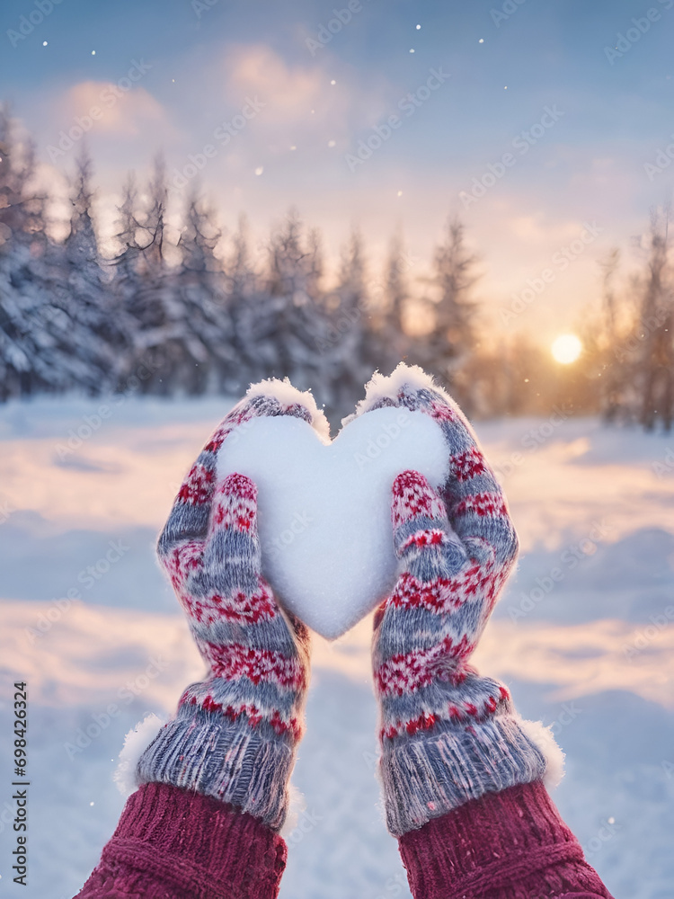 A heart of snow in her hands, the hands of a girl in warm gloves with a tender heart,Heartfelt Winter, Romantic Gesture, Snowy Connection