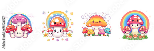 Set of Childish kawaii style. Cute mushrooms with a happy cute kawaii face  vector contour on a transparent background