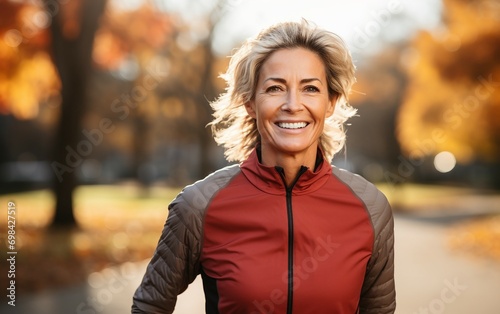Trail Run Fitness Middle Aged Woman Engages in Jogging