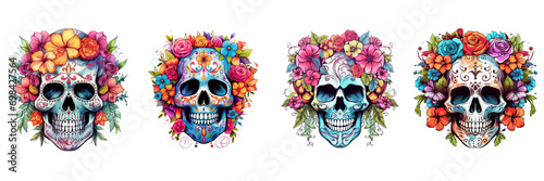 Set of Floral Skull, Watercolor Sublimation, t-shirt vector on a transparent background
