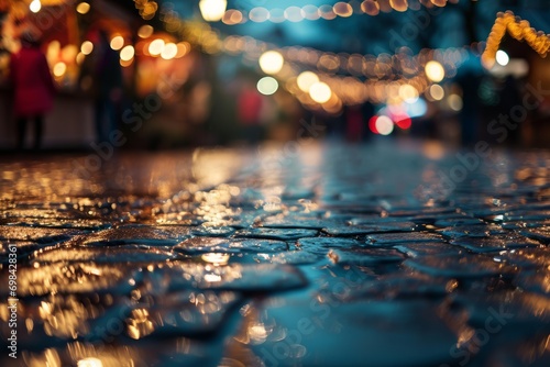 After the rain at the Christmas market: Glistening wet street stones under the night sky, adorned with enchanting bokeh lights in the background generative ai photo