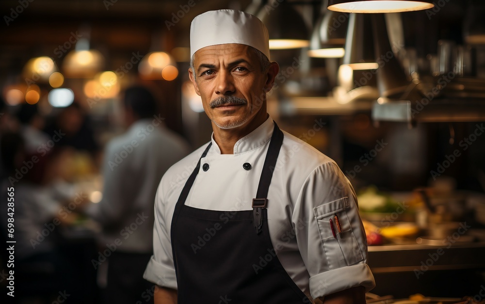 Adult Man in Chef's Uniform in a Restaurant Kitchen
