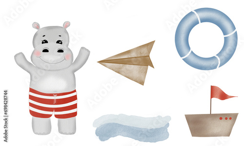 Hand-drawn watercolor set with a hippopotamus in a marine style. A cheerful character in swimming trunks with a airplane, lifebuoy blue, a wave and a boat. For printing on children's textiles and baby © Татьяна Трущелева