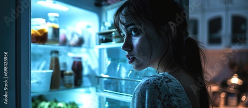 Empty fridge leaves girl surprised in kitchen. No food.