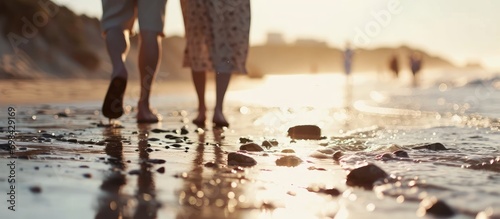 Elderly couple strolling on a sunny beach, close-up. #698429169