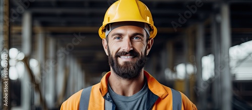 Bearded construction worker in safety helmet, standing at construction site and posing for camera. © TheWaterMeloonProjec