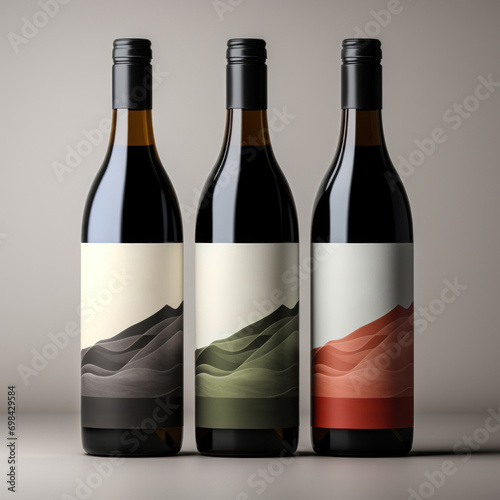 Bottles of wine with blank labels on abstract background, wine bottle mockup, fictional label design