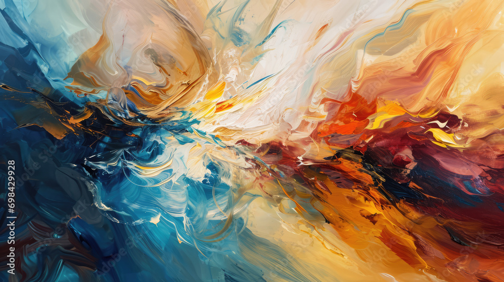 Fluid and flowing strokes of warm to cold color temperature paint, abstract texture, soothing colors and contrast, multicolor sensory  - obrazy, fototapety, plakaty 