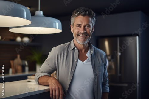 Handsome middle-aged man smiles in kitchen of his home, modern kitchen background, natural lighting photo