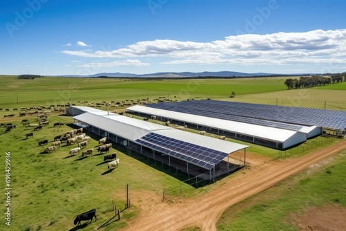 Top view image of a dairy farm with large agricultural land. Install solar panels to generate electricity and provide shade for cows and reduce heat stress