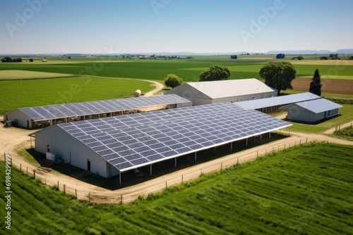 Top view image of a dairy farm with large agricultural land. Install solar panels to generate electricity and provide shade for cows and reduce heat stress