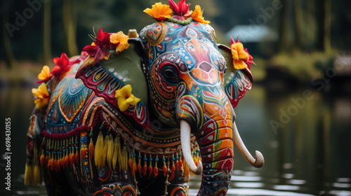 a beautiful large Indian elephant  decorated with multi-colored patterns  stands in the river  sacred animal  India  ornament  religious tradition  floral decor  paint  nature  trunk  ears  mammal