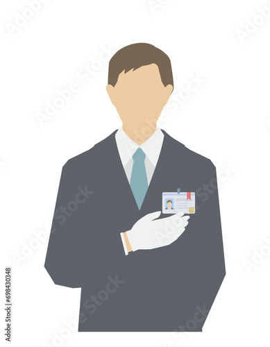 胸のカードに手をあてる白手袋とスーツの男性のイラスト