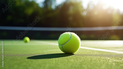 green tennis court on a sunny day, tennis net, racket, sport, training, playground, grass, lifestyle, play a game, competition © Julia Zarubina