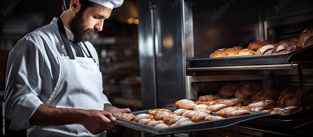 Bakery employee near oven with tray of breads in workshop.