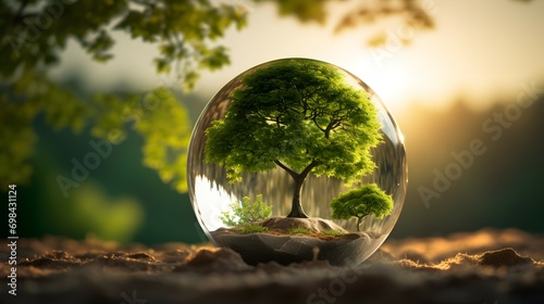 Sustainable World: Tree of Life in Glass Globe at Sunset photo