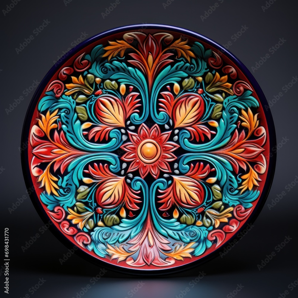 Decorative Moroccan ceramic hand painted plate, handmade, isolated, closeup top view. Decorative Moroccan ceramic hand painted plate, handmade, isolated, closeup top view.