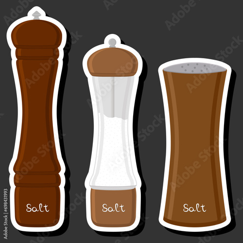 Illustration on theme big set different types ware filled salt for organic cooking
