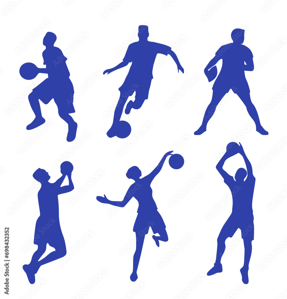 Athletes with ball silhouettes on white background. Figures of football player, rugby sportsman, basketball