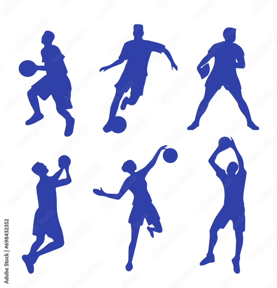 Athletes with ball silhouettes on white background. Figures of football player, rugby sportsman, basketball Athletes with ball silhouettes on white background. Figures of football player, rugby sportsman, basketball