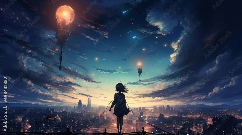anime style scene with girl looking at the sky. seamless looping time-lapse virtual video Animation Background.