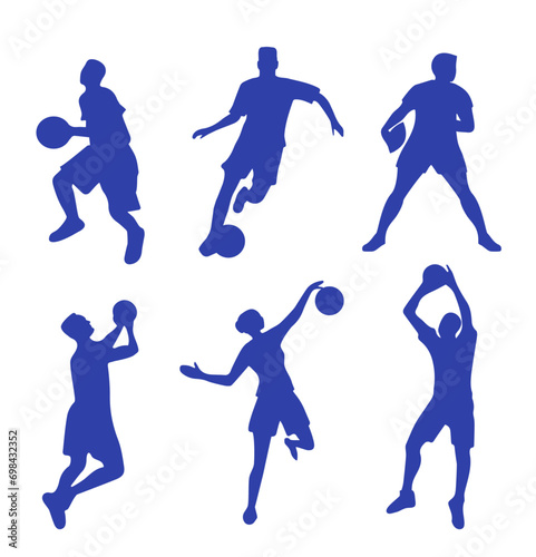 Athletes with ball silhouettes on white background. Figures of football player  rugby sportsman  basketball