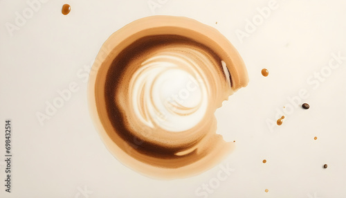 Wide banner image of coffee stain blot texture on white paper background with water color effect 