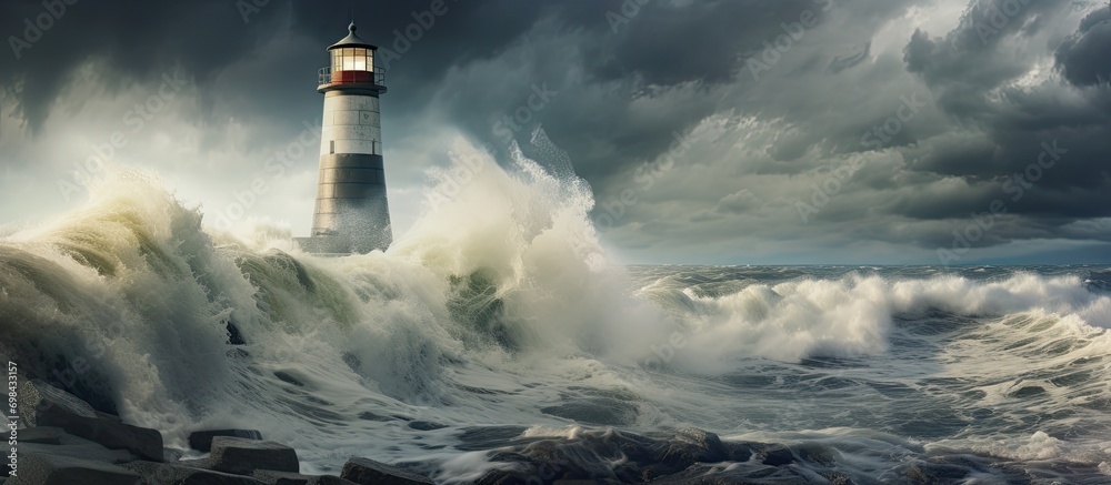 Autumn storm rocks Baltic Sea with powerful waves hitting breakwater.
