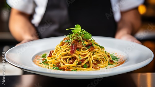 Dish of delicious carbonara spaghetti, a typical italian pasta recipe