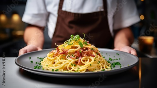  Ready-made Italian spaghetti pasta carbonara in the hands of the chef of an Italian restaurant. Pasta Carbonara close-up