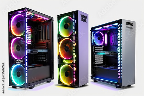 set collection colorful custom gaming pc computer dark tinted glass windows rgb rainbow led lighting isolated white background photo