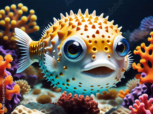 Blow fish underwater scene with coral