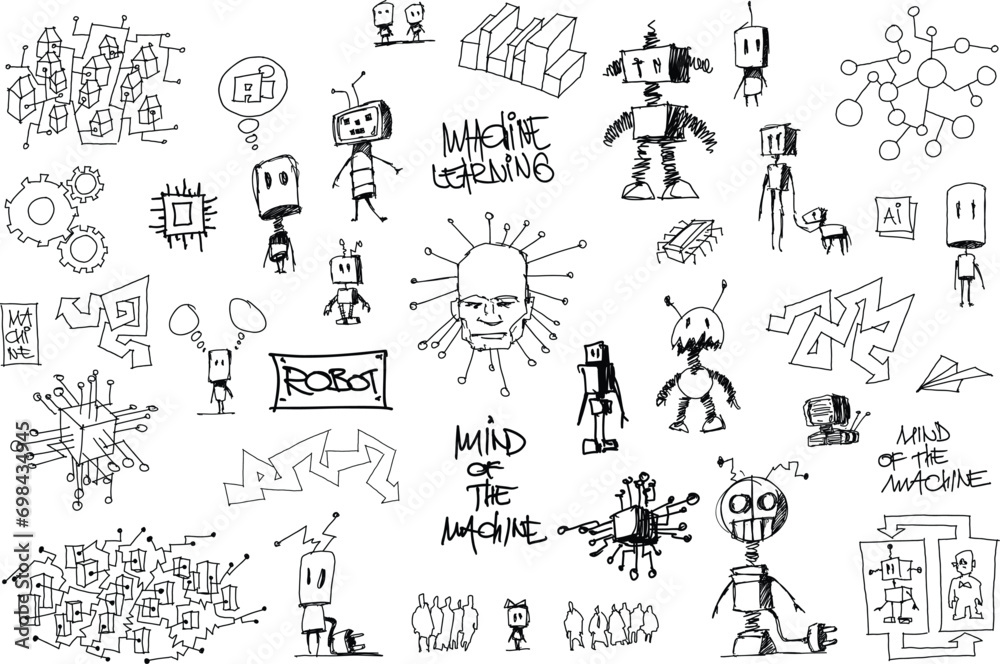 hand drawn architectural sketches of artificial intelligence topics and robots and network strucures and ai in finance and money and arrows