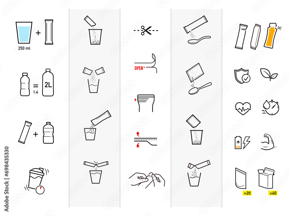 Icons of stick package bag set with samples, preparation instructions. Vector elements for infographics. Set of sign for detailed guideline. Ready for your design. EPS10.