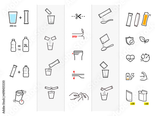 Icons of stick package bag set with samples, preparation instructions. Vector elements for infographics. Set of sign for detailed guideline. Ready for your design. EPS10.