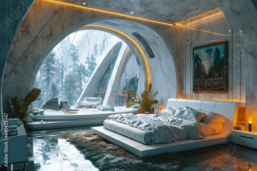 View of a bedroom from a futuristic complex in the mountains at a ski resort, eco-friendly design of modern apartment projects. Winter evening outside the frame windows of the chalet